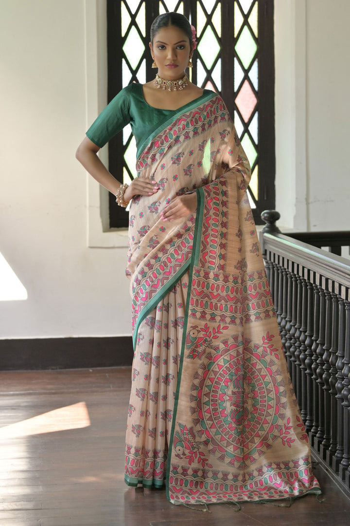 Incredible Tussar Silk Fabric Beige Color Saree With Green Blouse