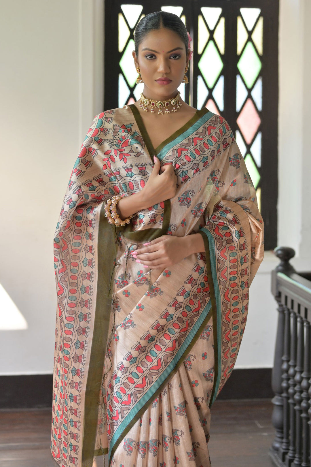 Tempting Tussar Silk Fabric Beige Color Saree With Mehendi Green Blouse