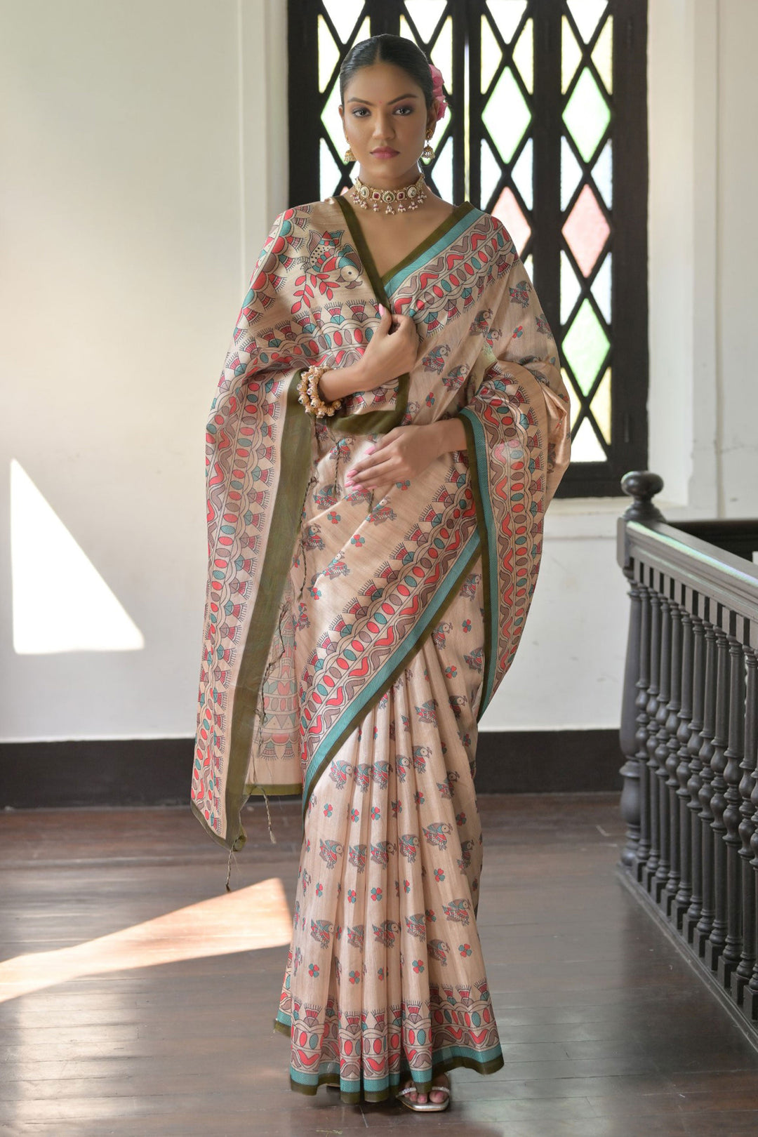 Tempting Tussar Silk Fabric Beige Color Saree With Mehendi Green Blouse