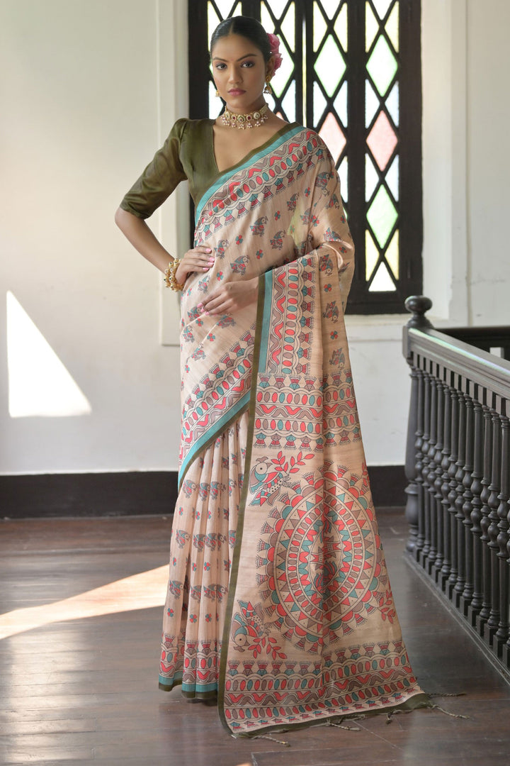 Tempting Tussar Silk Fabric Beige Color Saree With Mehendi Green Blouse