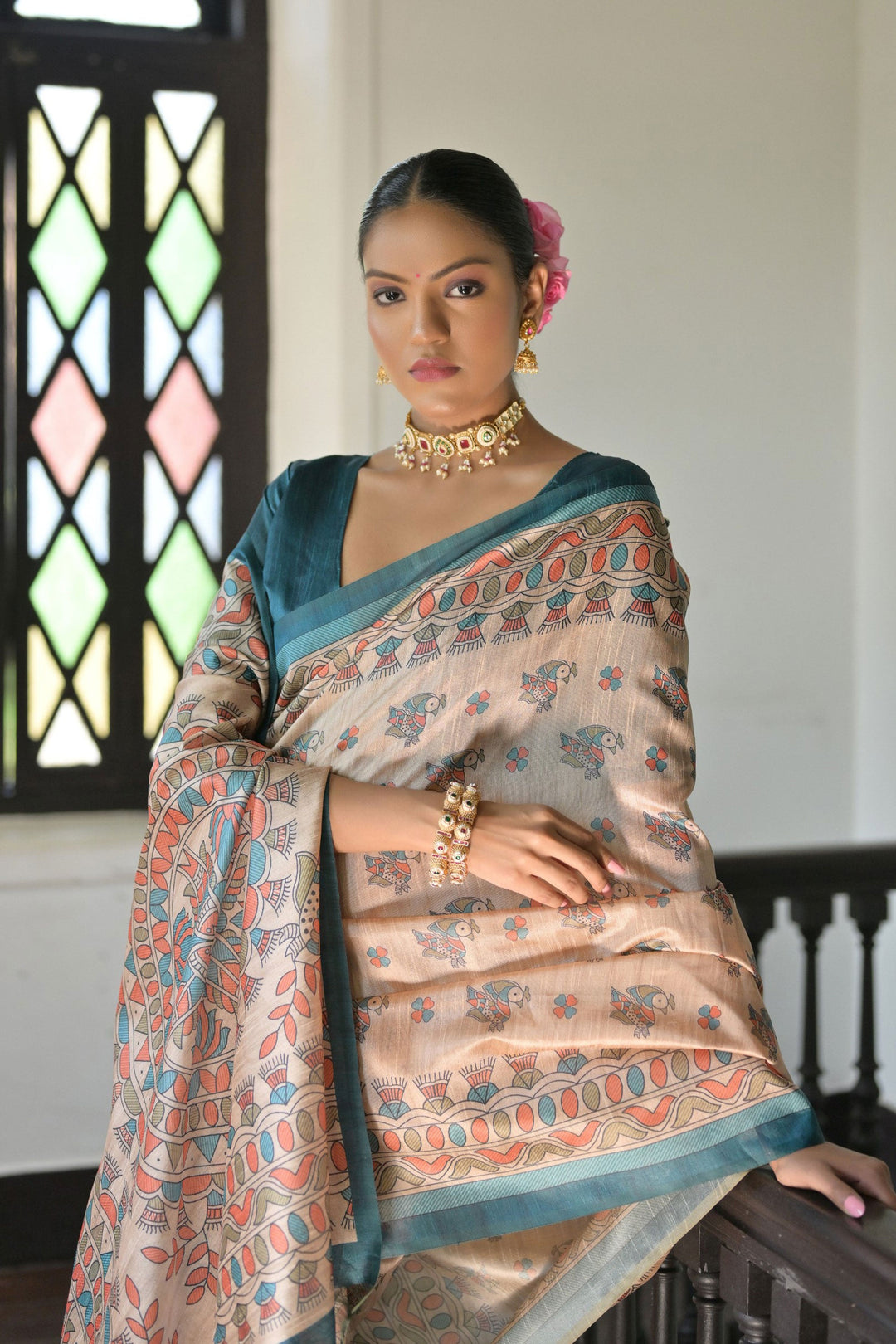 Engaging Beige Color Tussar Silk Fabric Saree With Teal Color Blouse