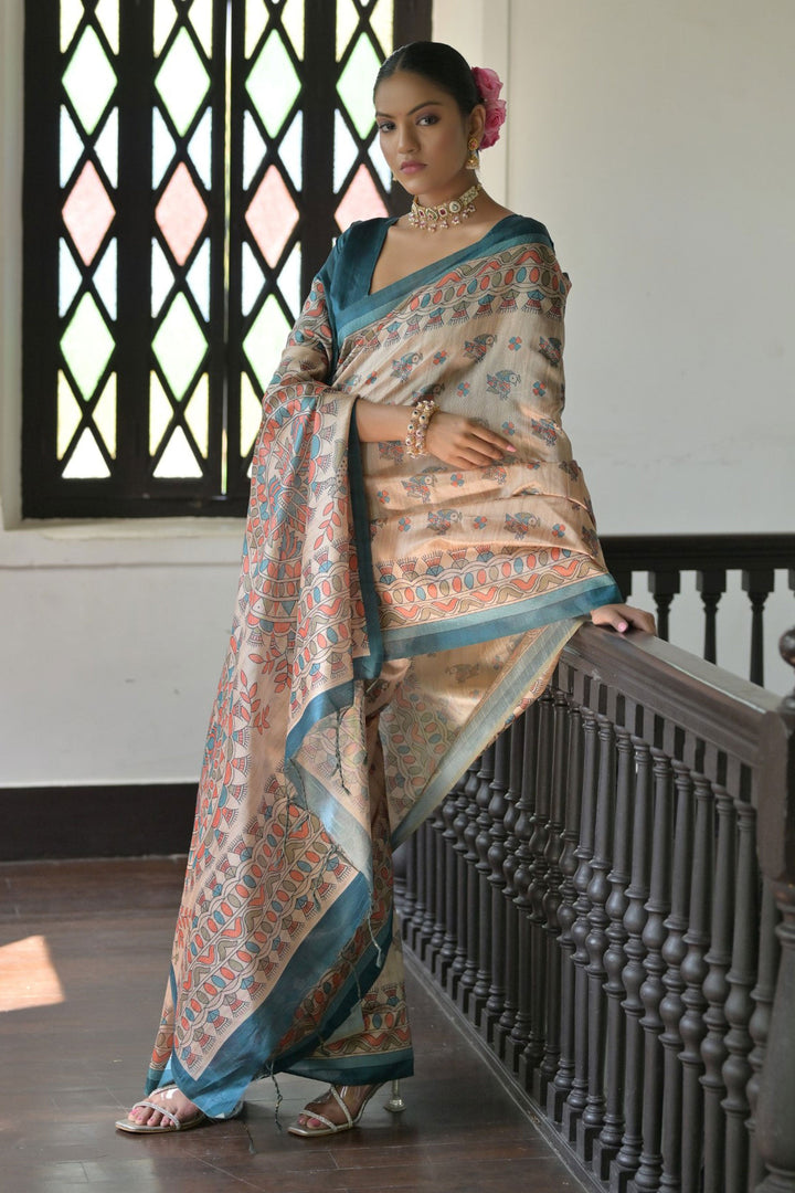 Engaging Beige Color Tussar Silk Fabric Saree With Teal Color Blouse