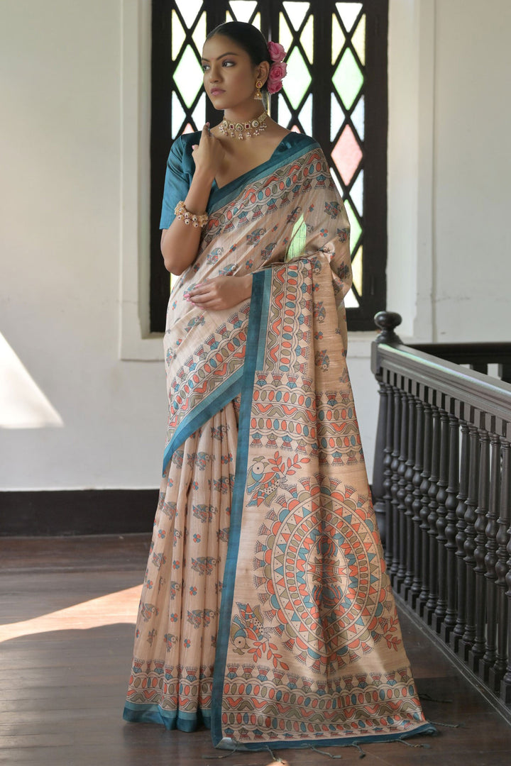 Engaging Beige Color Tussar Silk Fabric Saree With Teal Color Blouse