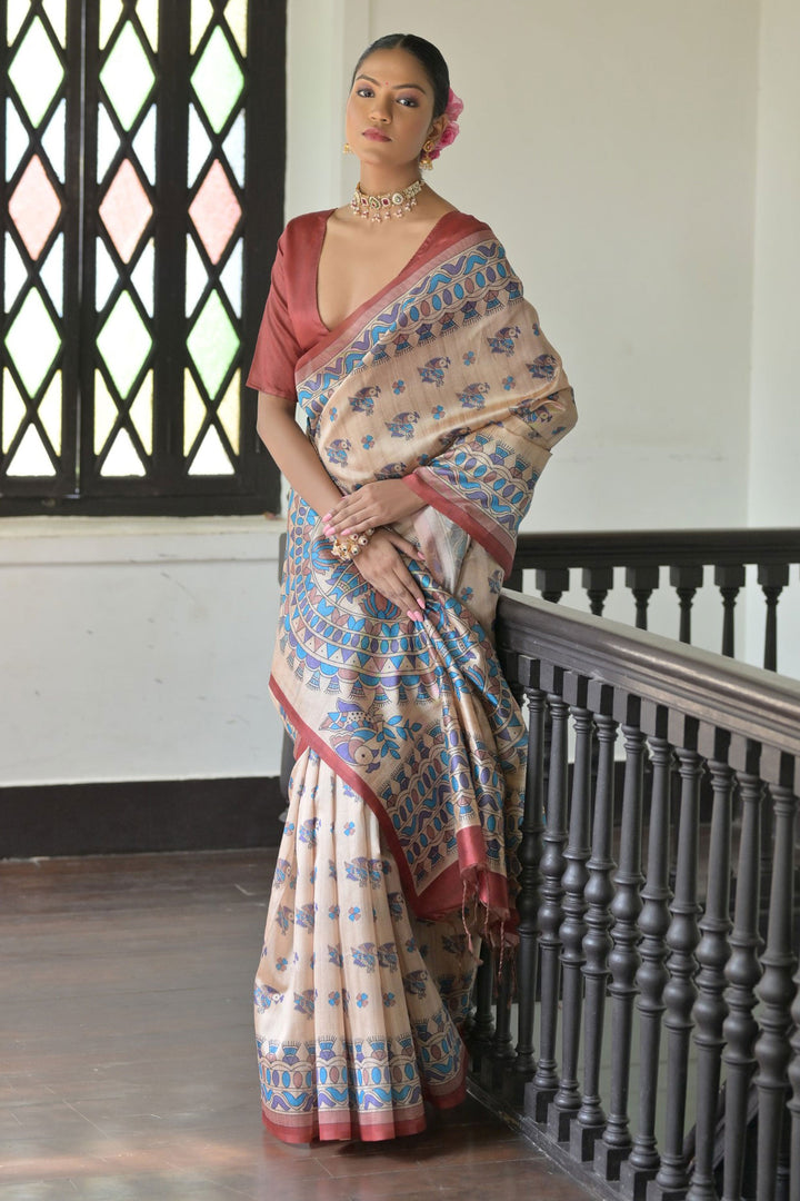 Classic Beige Color Saree In Tussar Silk Fabric With Red Blouse