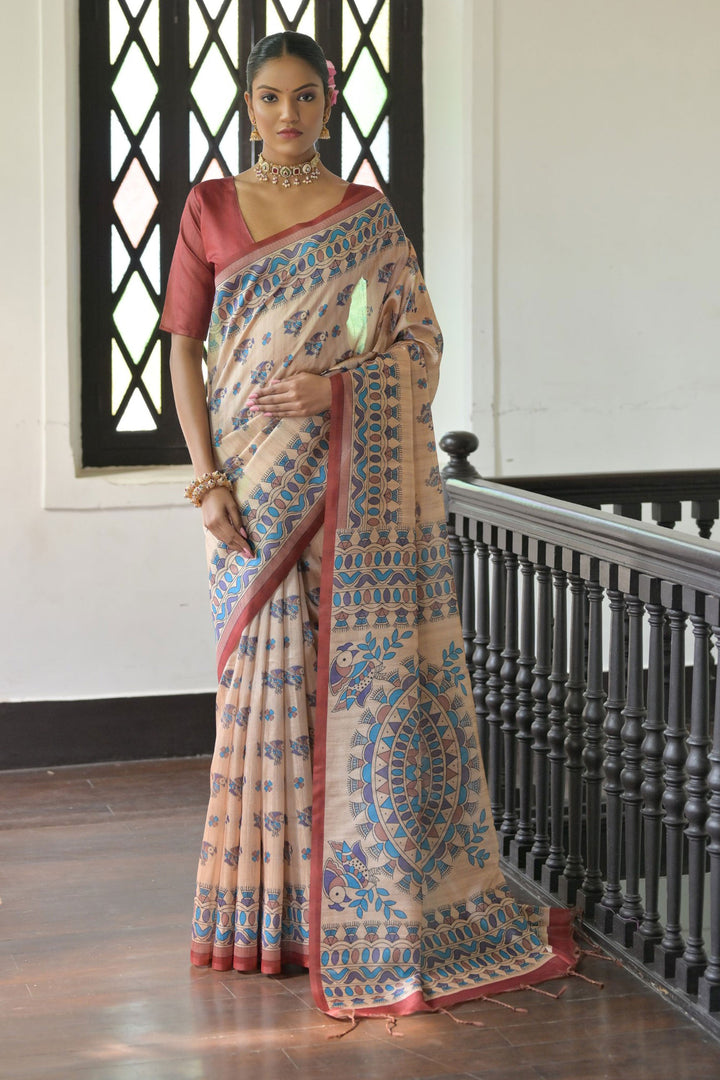 Classic Beige Color Saree In Tussar Silk Fabric With Red Blouse