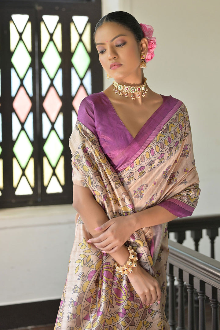 Lovely Tussar Silk Fabric Beige Color Saree With Purple Blouse