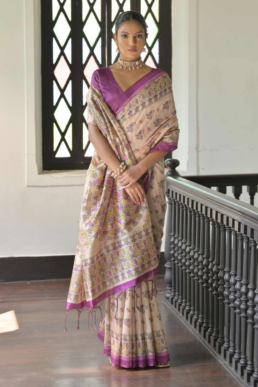 Lovely Tussar Silk Fabric Beige Color Saree With Purple Blouse