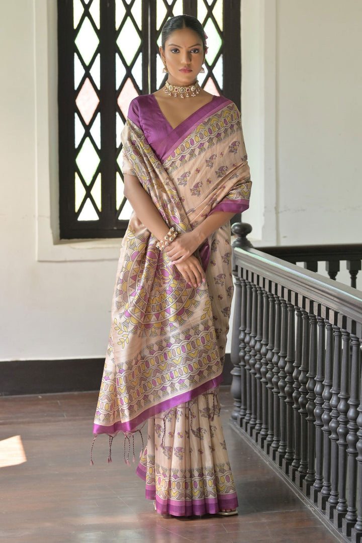 Lovely Tussar Silk Fabric Beige Color Saree With Purple Blouse