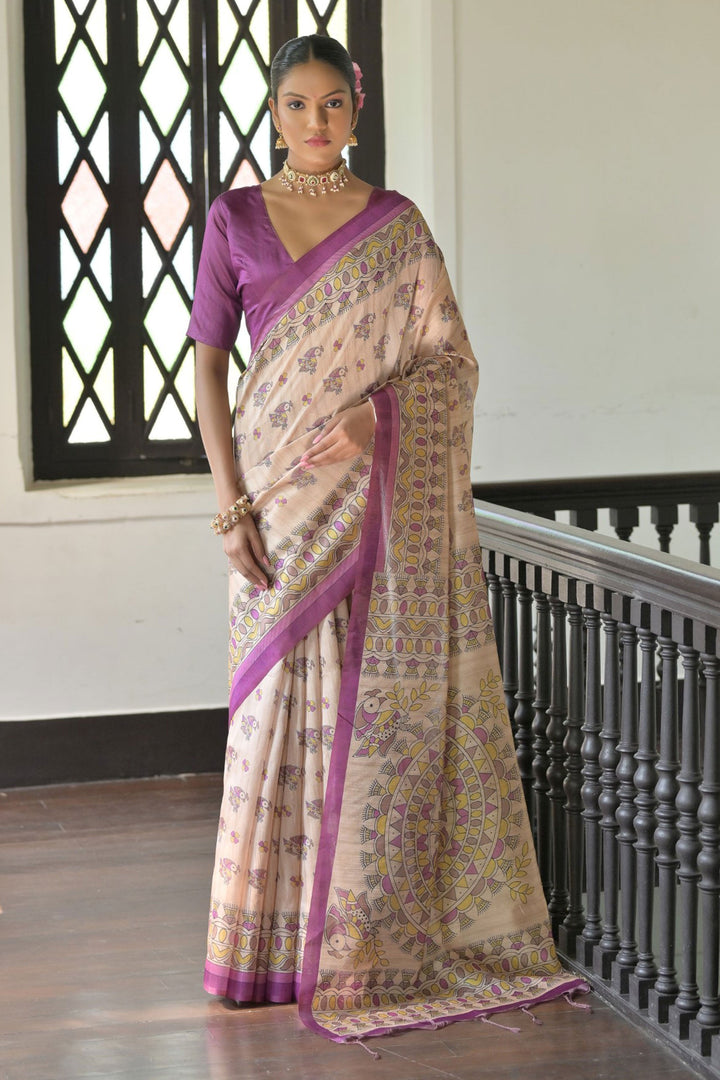 Lovely Tussar Silk Fabric Beige Color Saree With Purple Blouse