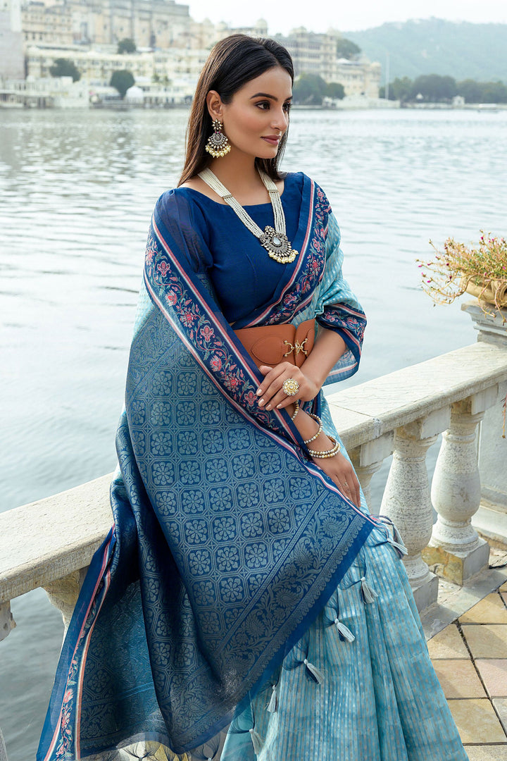 Awesome Printed Work Art Silk Fabric Sky Blue Color Saree