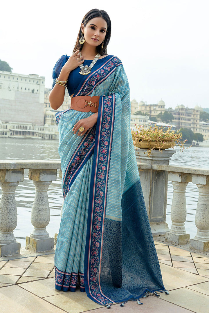 Awesome Printed Work Art Silk Fabric Sky Blue Color Saree