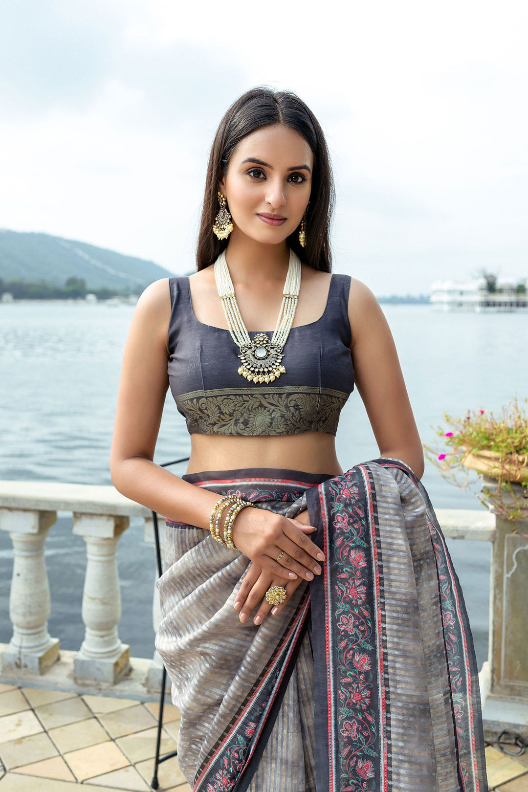 Tempting Art Silk Fabric Grey Color Saree With Printed Work