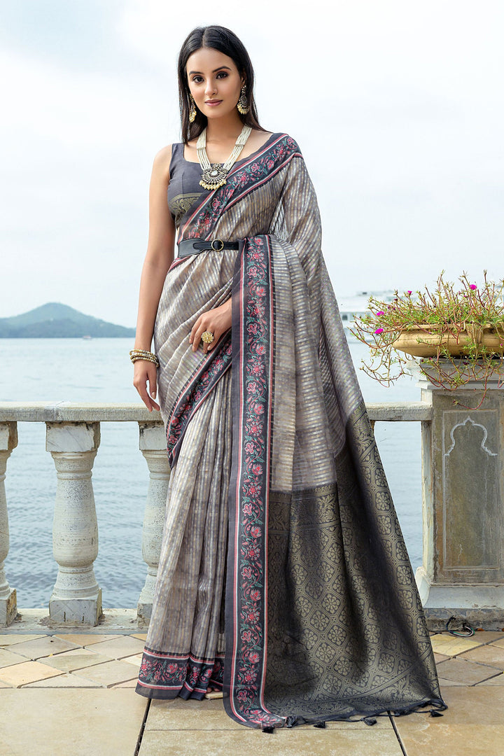 Tempting Art Silk Fabric Grey Color Saree With Printed Work
