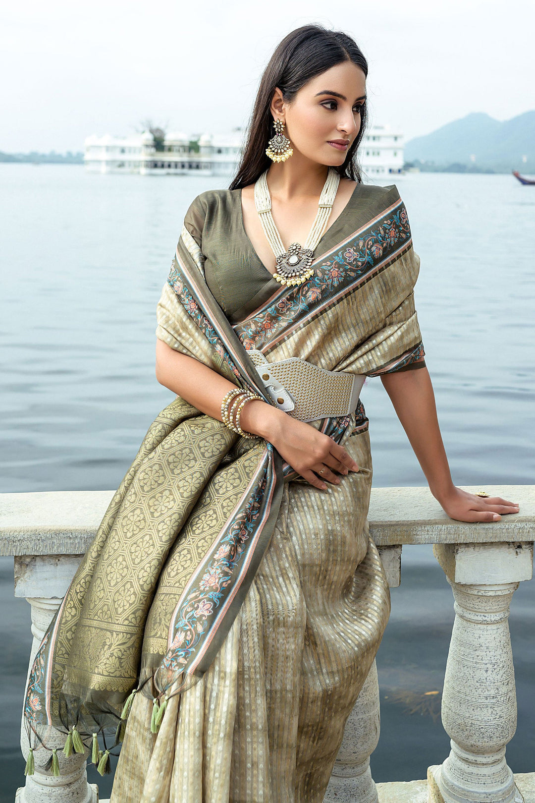 Engaging Beige Color Art Silk Fabric Saree With Printed Work