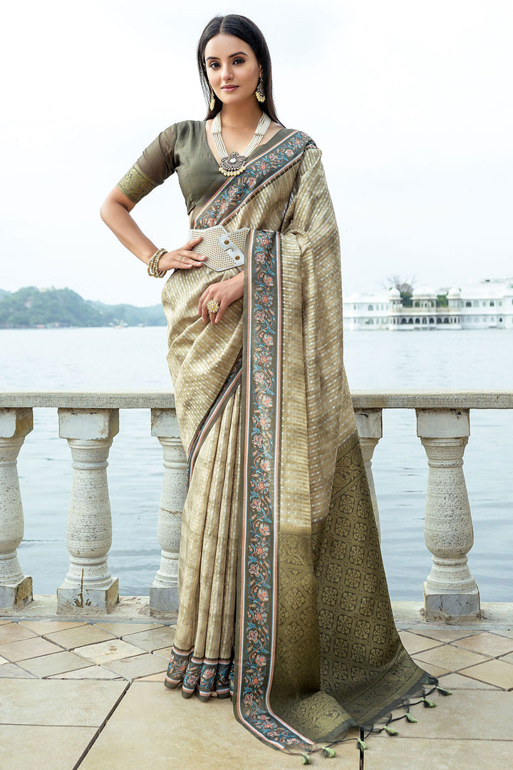 Engaging Beige Color Art Silk Fabric Saree With Printed Work
