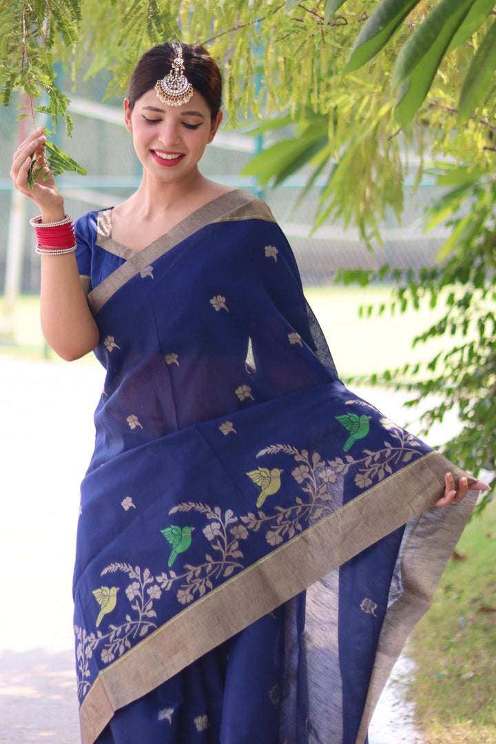 Blue Color Linen Silk Engaging Zari Weaving Work Saree