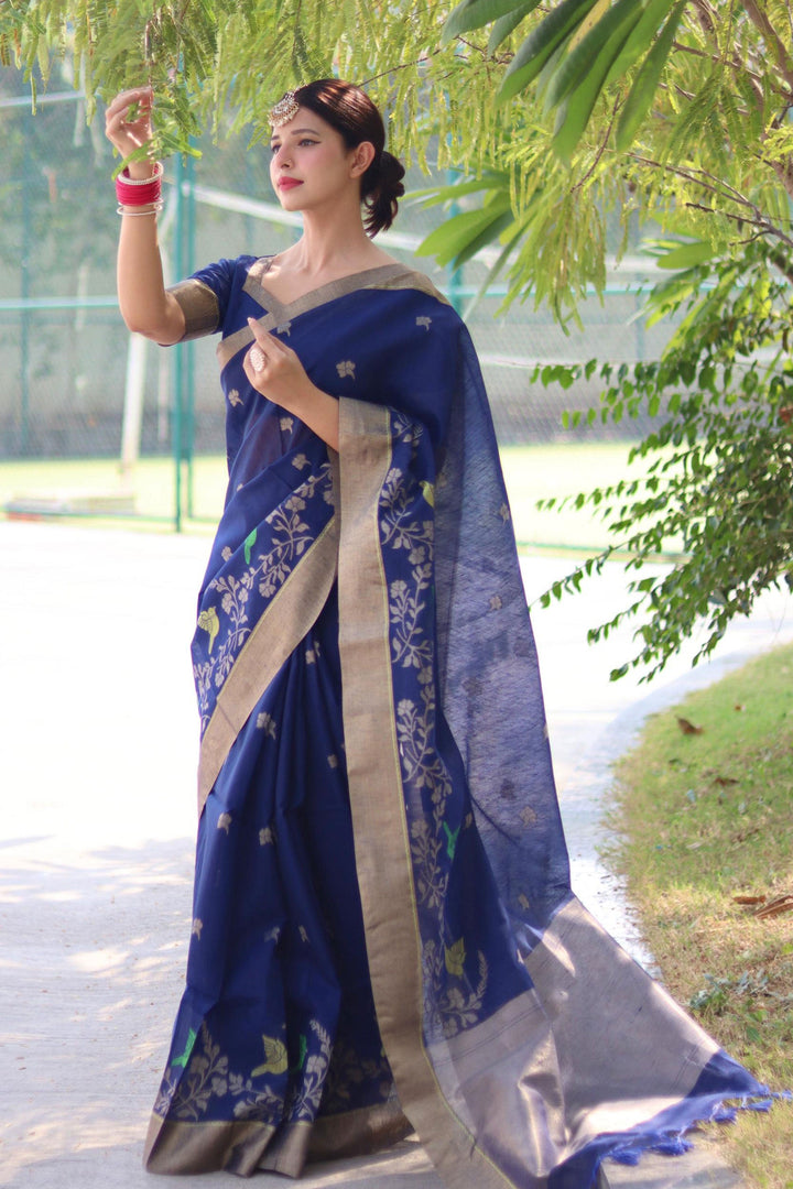 Blue Color Linen Silk Engaging Zari Weaving Work Saree