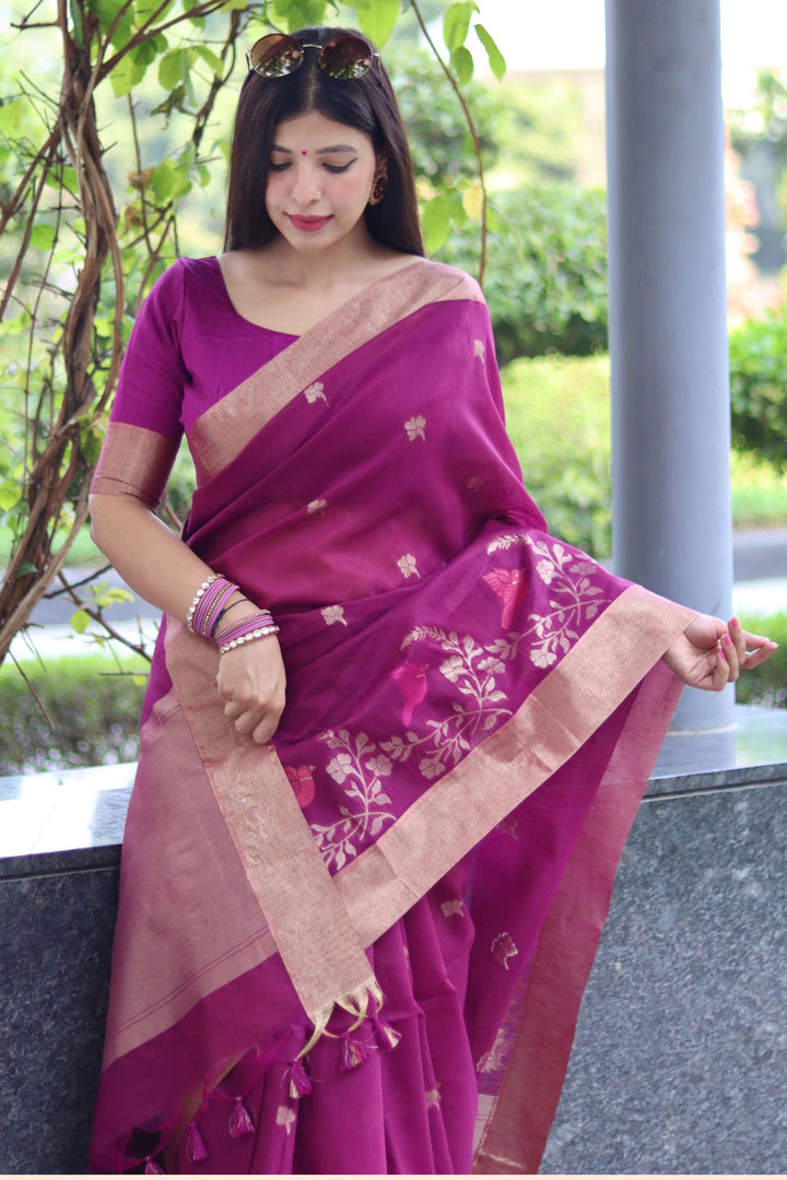 Purple Color Sober Zari Weaving Work Linen Silk Saree