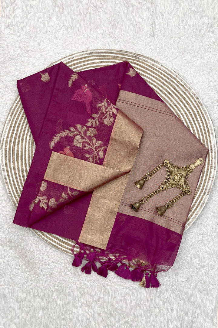 Purple Color Sober Zari Weaving Work Linen Silk Saree