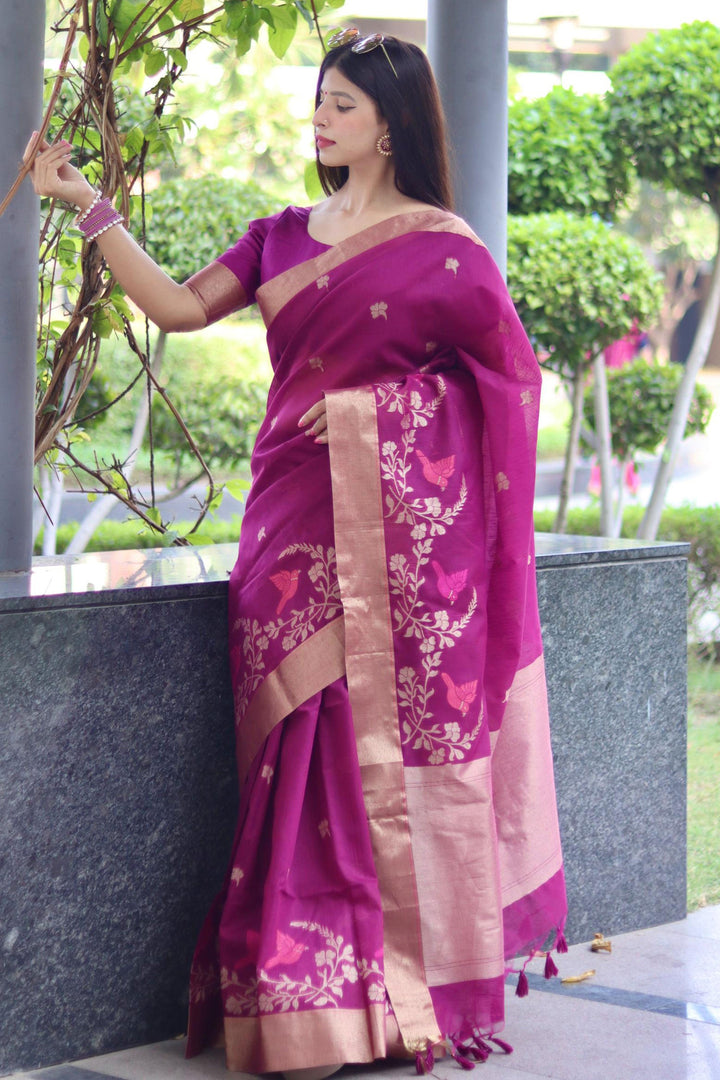 Purple Color Sober Zari Weaving Work Linen Silk Saree