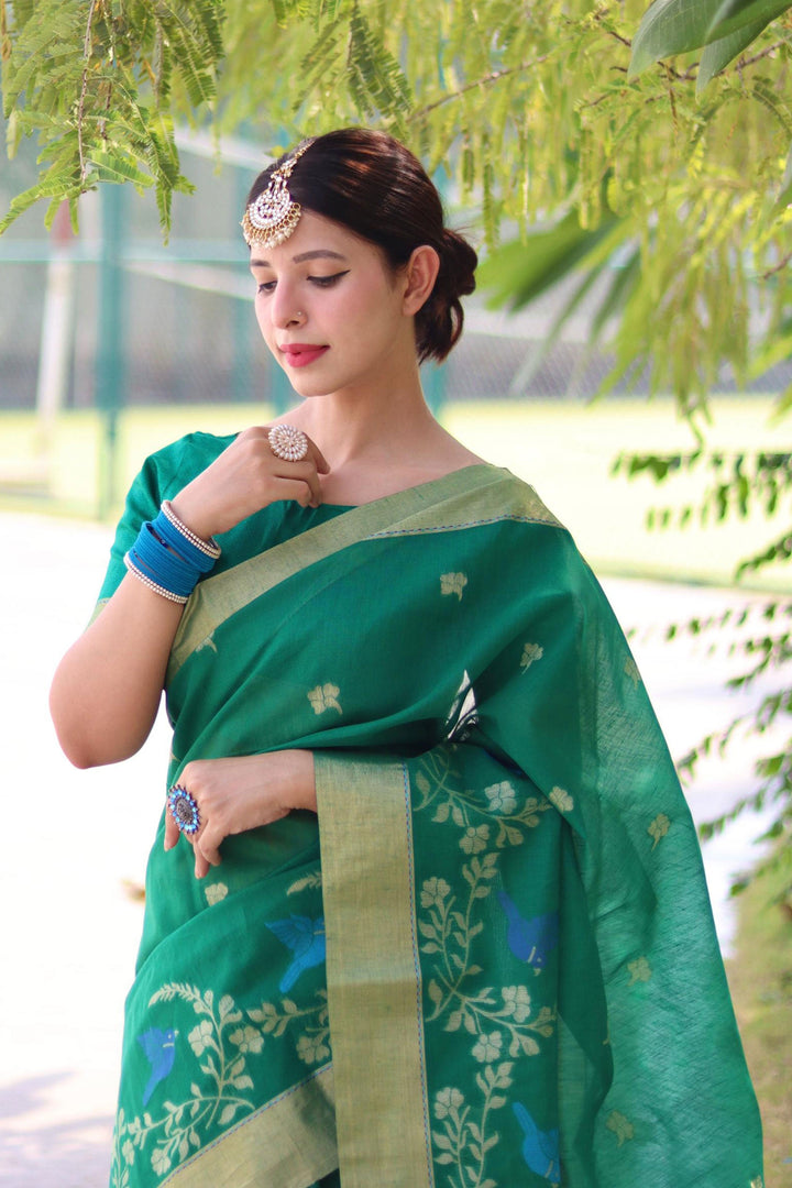 Excellent Linen Silk Green Color Zari Weaving Work Saree