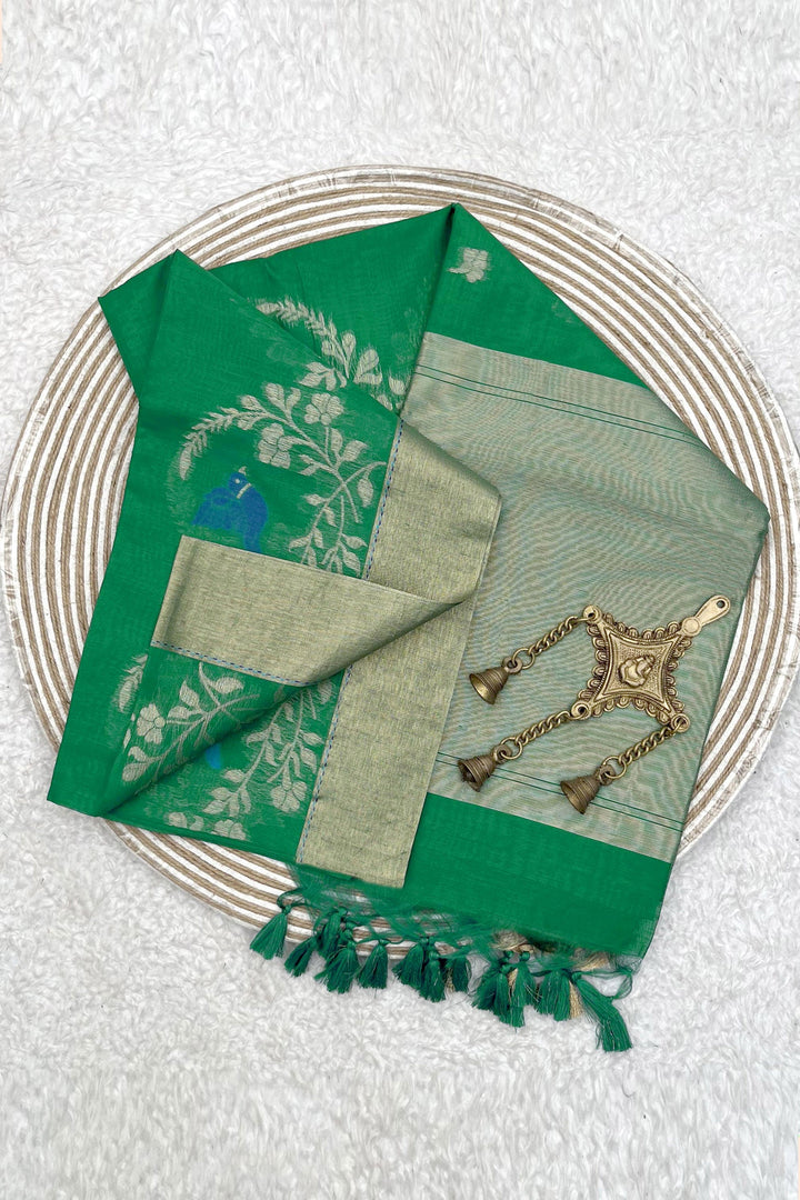 Excellent Linen Silk Green Color Zari Weaving Work Saree