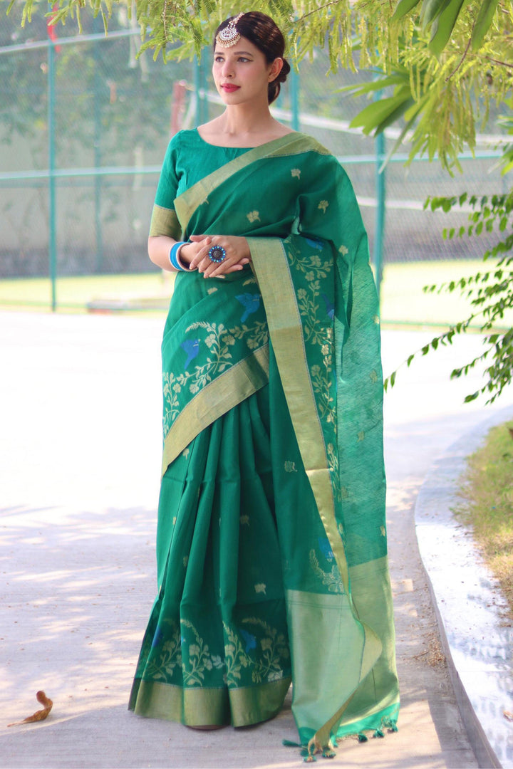 Excellent Linen Silk Green Color Zari Weaving Work Saree