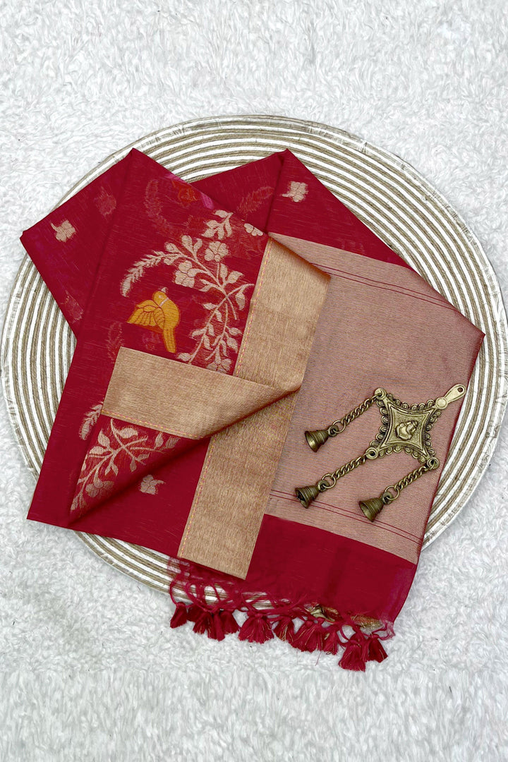 Red Color Linen Silk Stunning Zari Weaving Work Saree