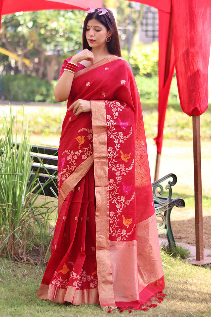 Red Color Linen Silk Stunning Zari Weaving Work Saree