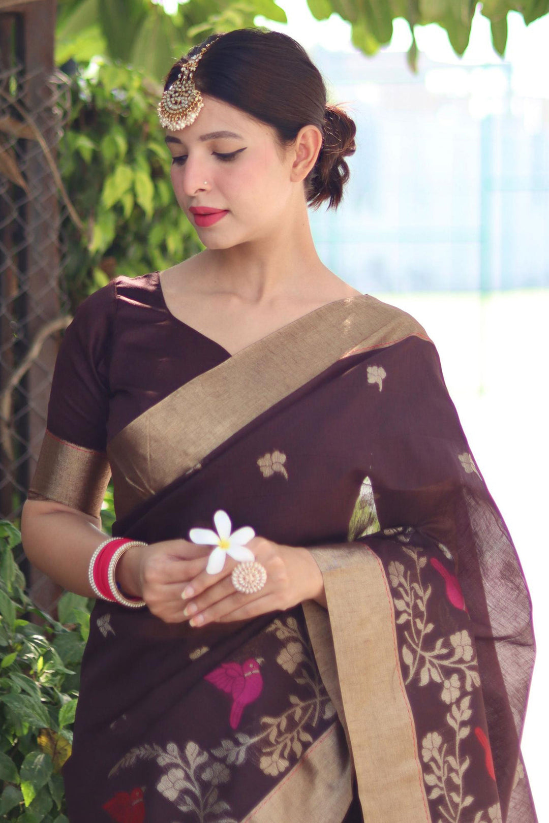 Beguiling Brown Color Linen Silk Zari Weaving Work Saree