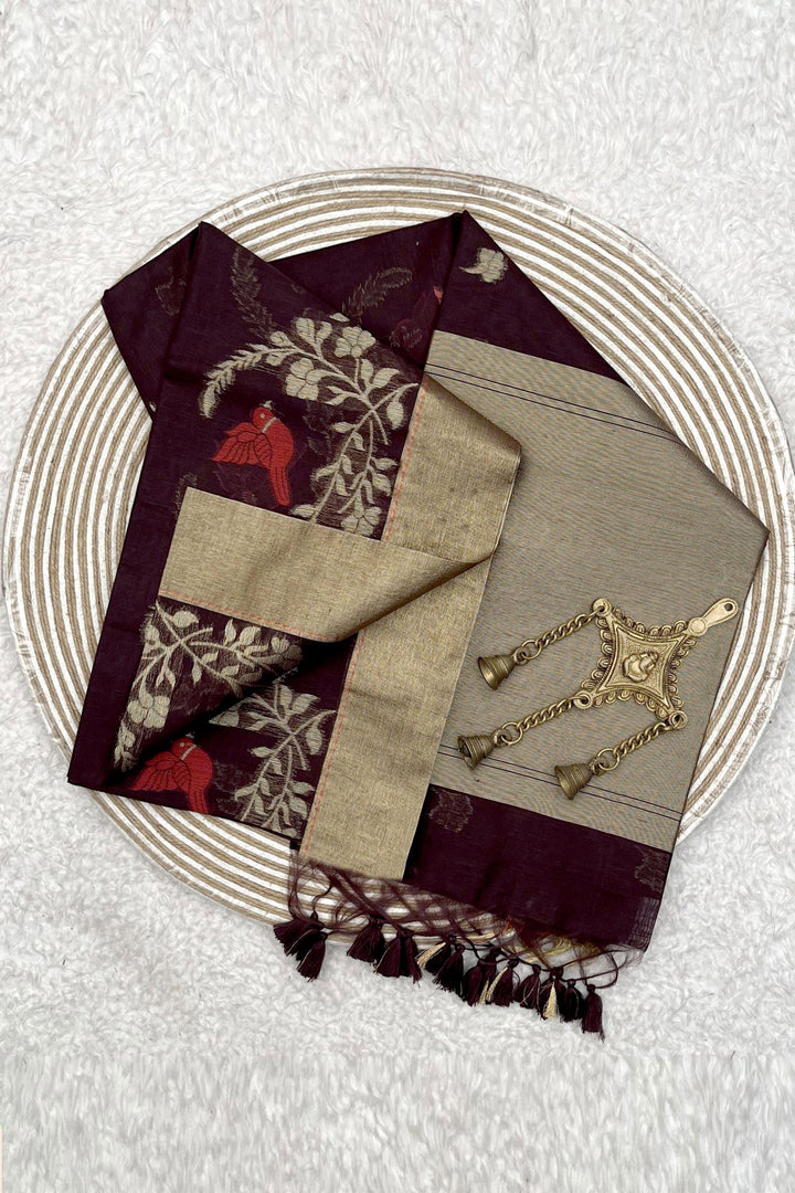 Beguiling Brown Color Linen Silk Zari Weaving Work Saree