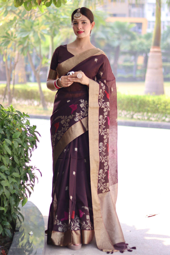 Beguiling Brown Color Linen Silk Zari Weaving Work Saree