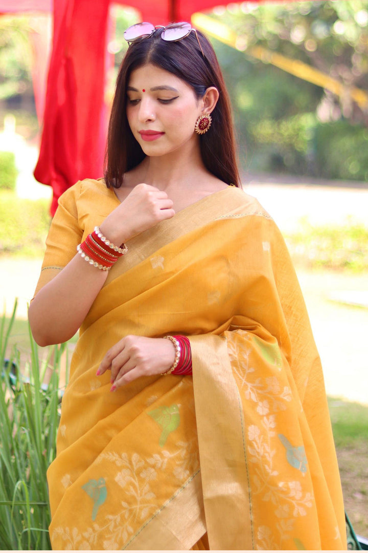 Tempting Linen Silk Yellow Color Zari Weaving Work Saree