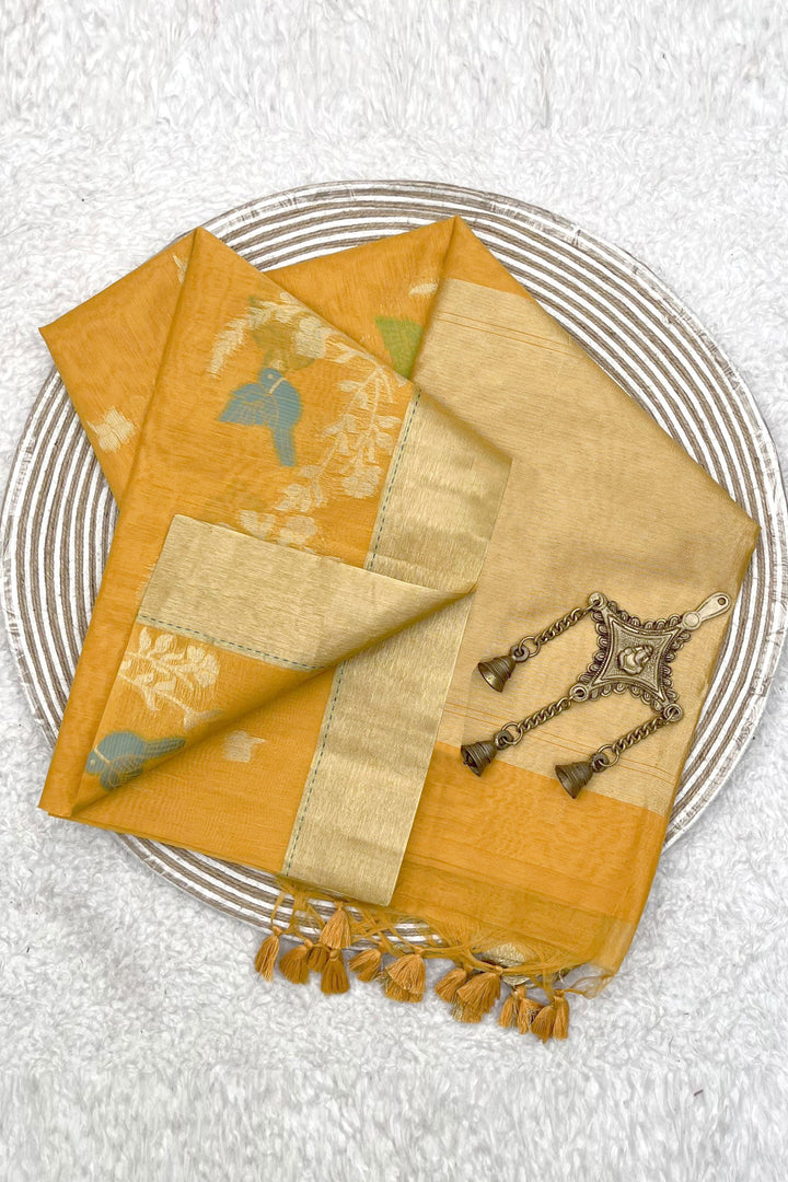 Tempting Linen Silk Yellow Color Zari Weaving Work Saree