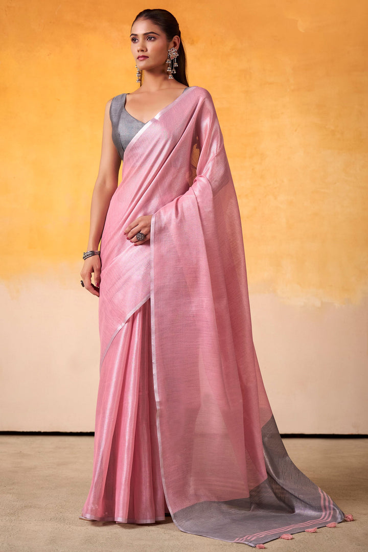 Pink Color Tissue Silk Fabric Engaging Saree For Festive