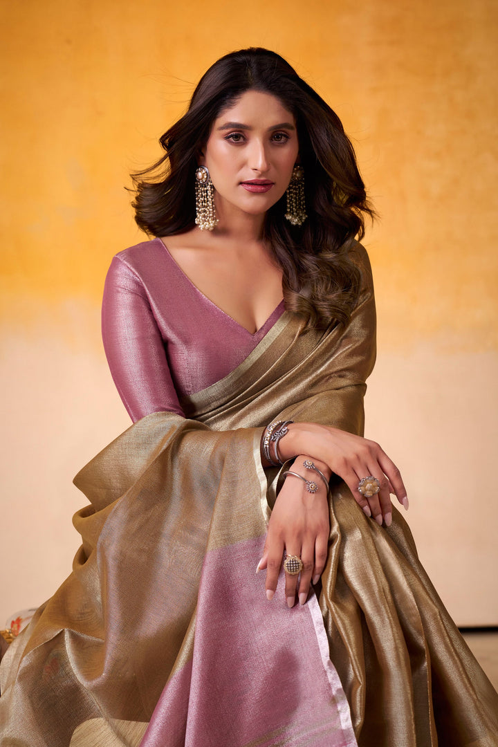 Festive Wear Brown Color Sober Saree In Tissue Silk Fabric