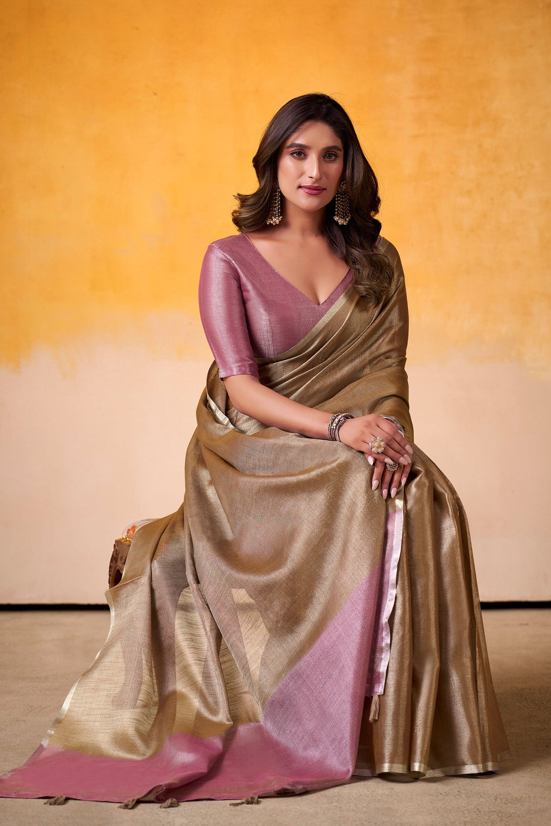 Festive Wear Brown Color Sober Saree In Tissue Silk Fabric