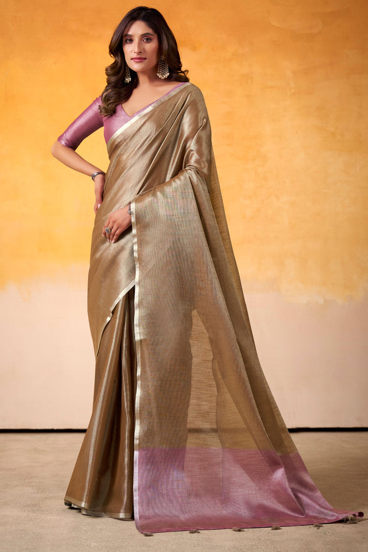 Festive Wear Brown Color Sober Saree In Tissue Silk Fabric