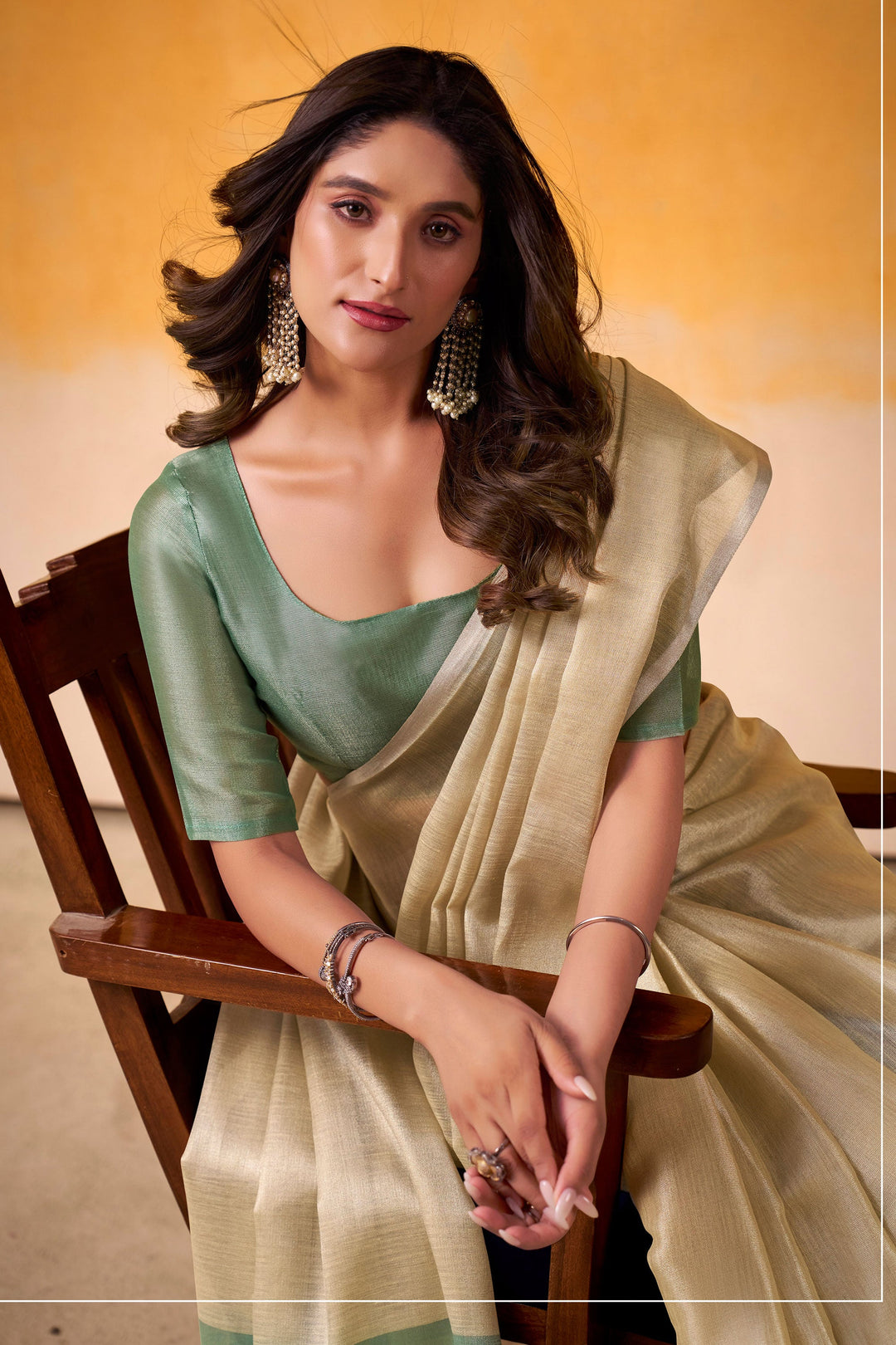 Creative Cream Color Tissue Silk Fabric Saree For Festive