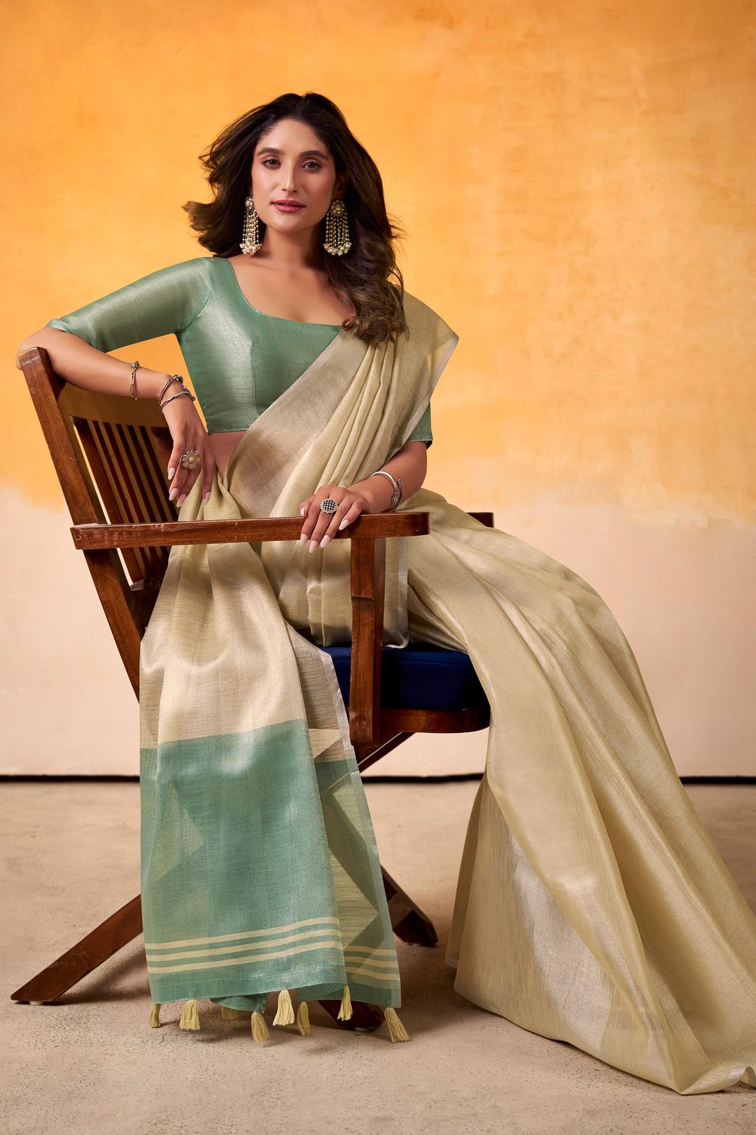 Creative Cream Color Tissue Silk Fabric Saree For Festive