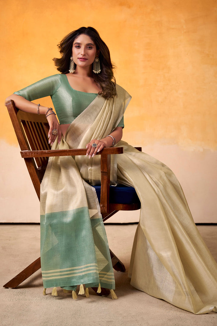 Creative Cream Color Tissue Silk Fabric Saree For Festive