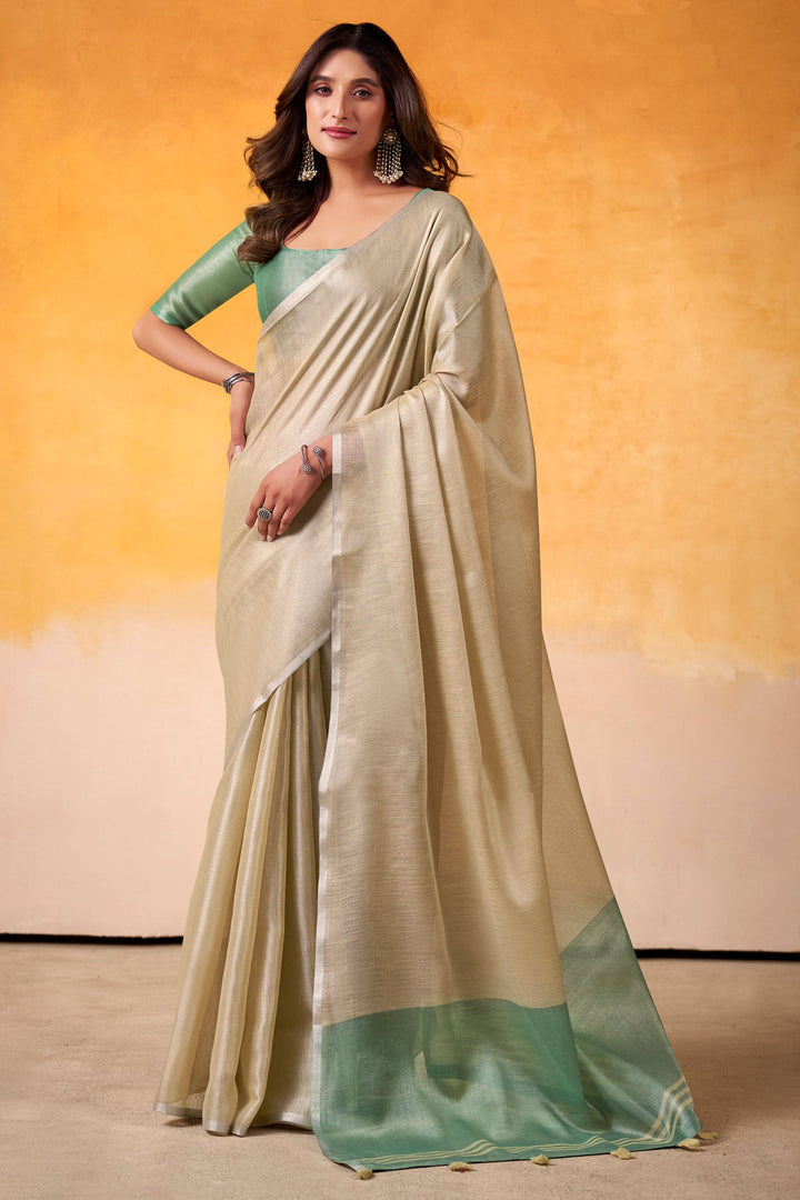 Creative Cream Color Tissue Silk Fabric Saree For Festive