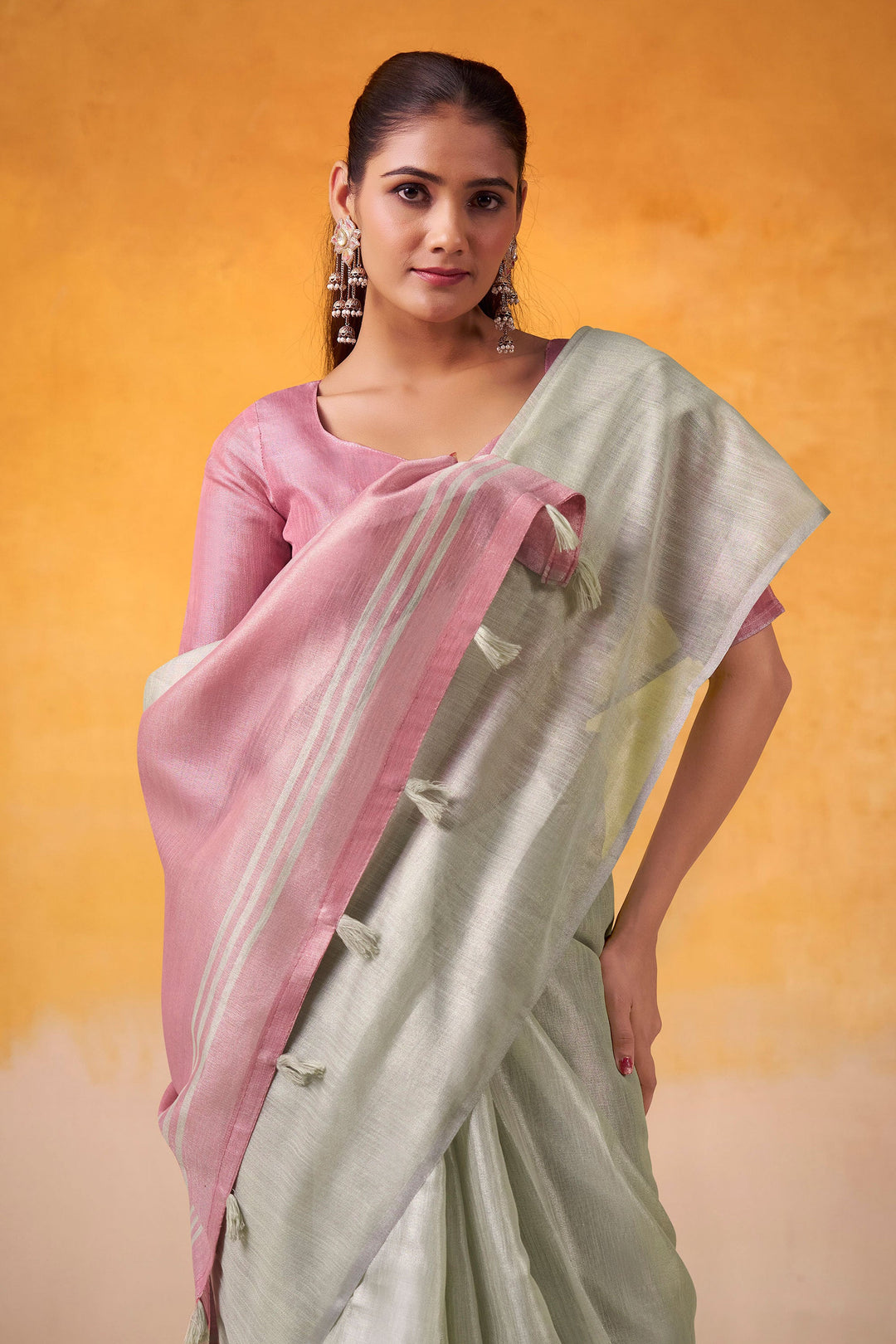 Excellent Festive Wear Tissue Silk Fabric Grey Color Saree