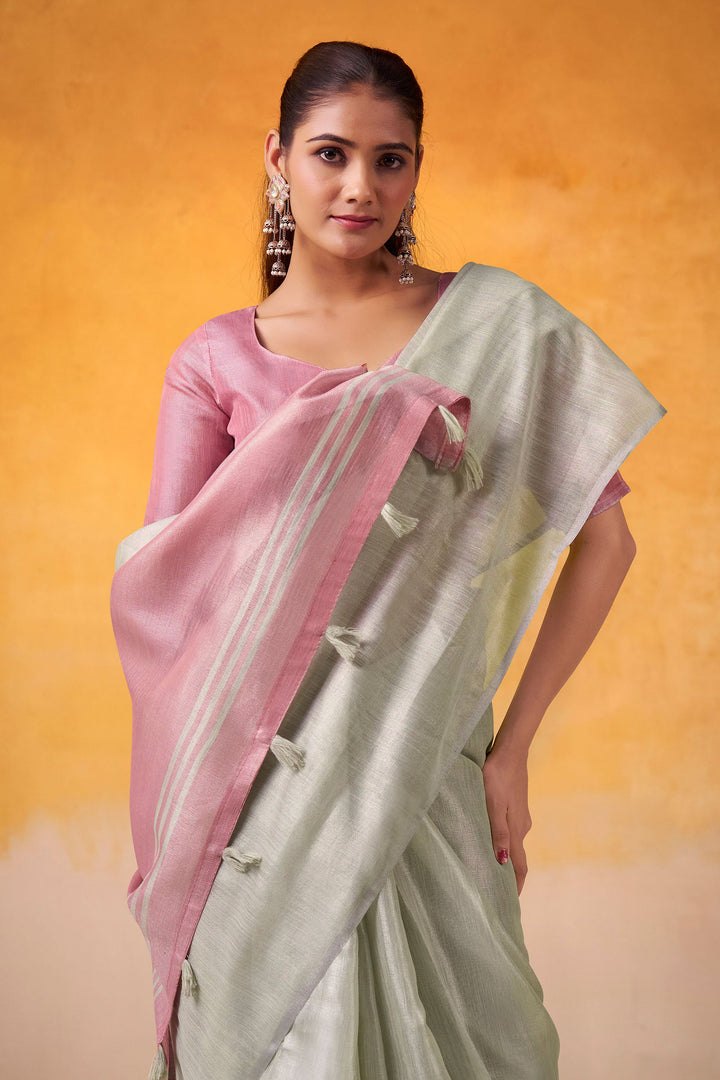 Excellent Festive Wear Tissue Silk Fabric Grey Color Saree