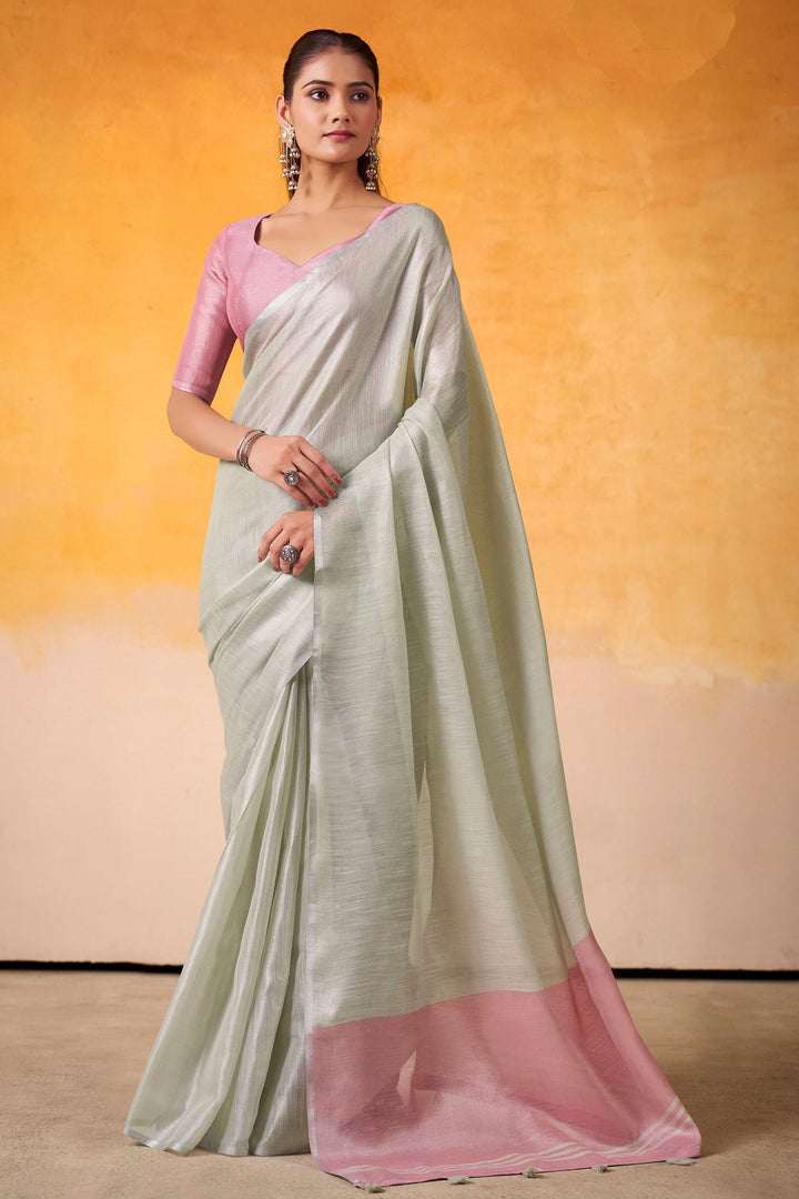 Excellent Festive Wear Tissue Silk Fabric Grey Color Saree