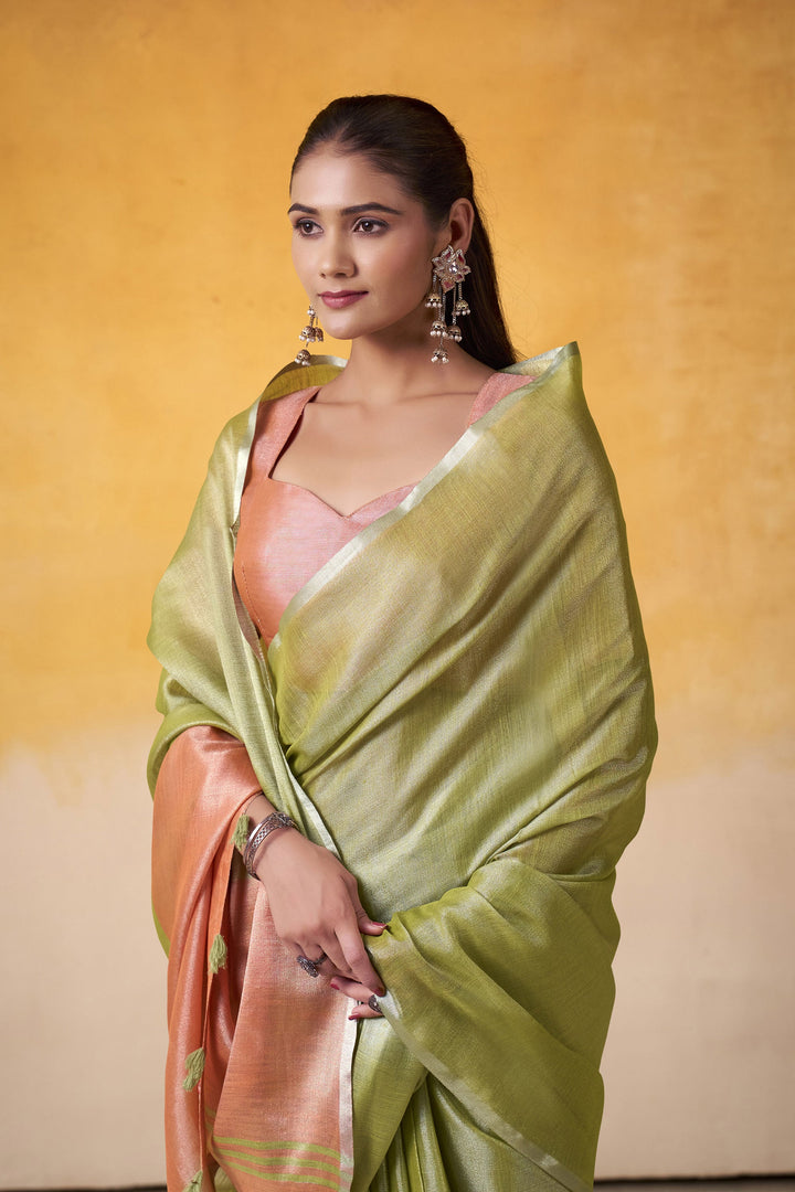 Green Color Tissue Silk Fabric Stunning Festive Wear Saree