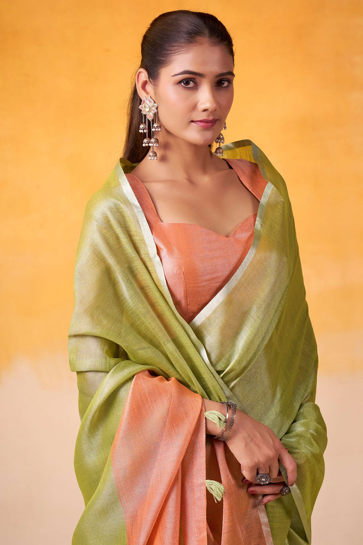 Green Color Tissue Silk Fabric Stunning Festive Wear Saree