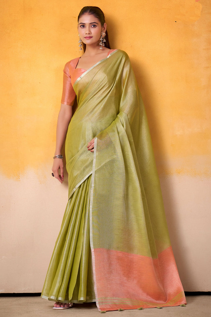 Green Color Tissue Silk Fabric Stunning Festive Wear Saree