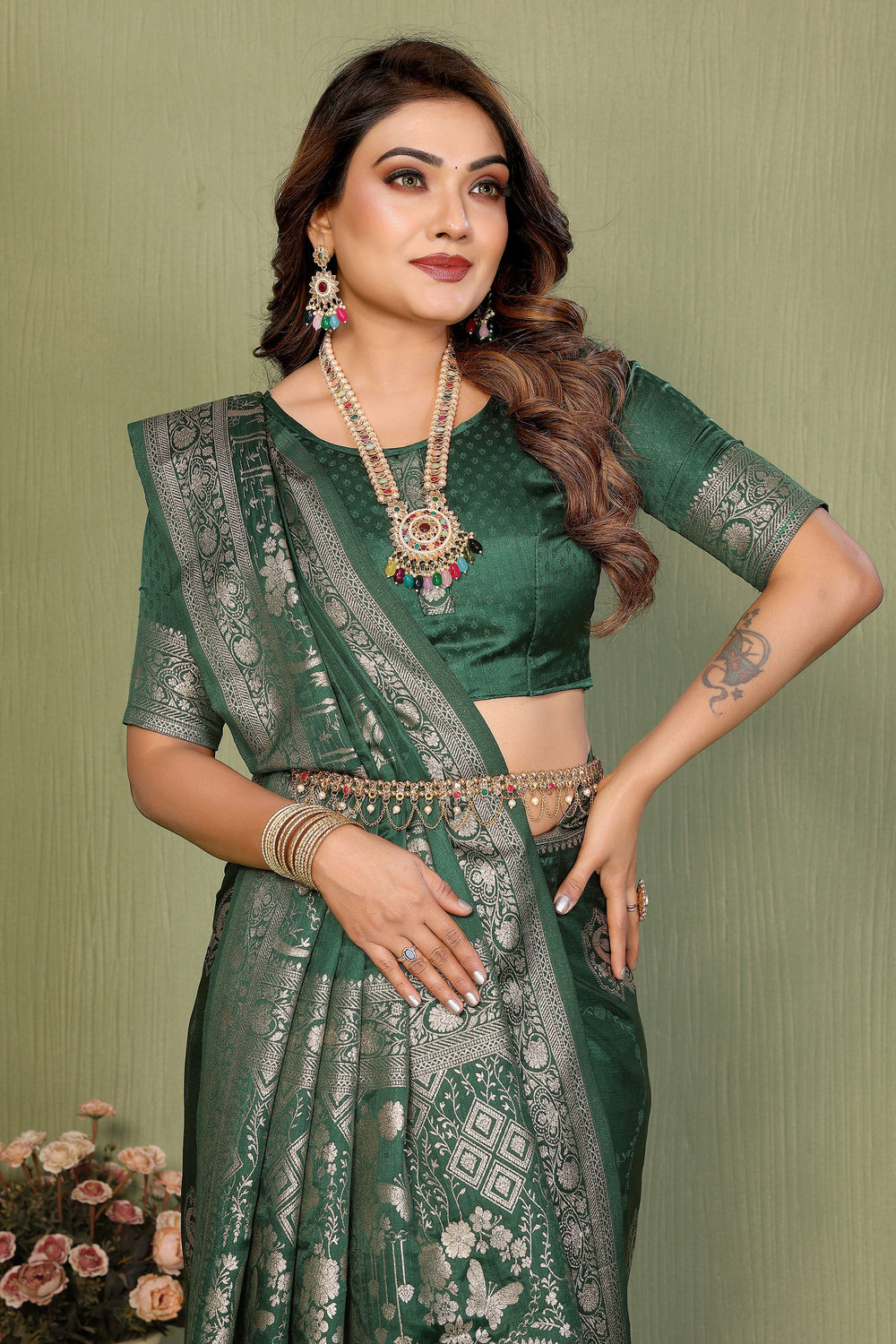 Green Color Gorgeous Satin Silk Saree With Weaving Work | Buy Online India