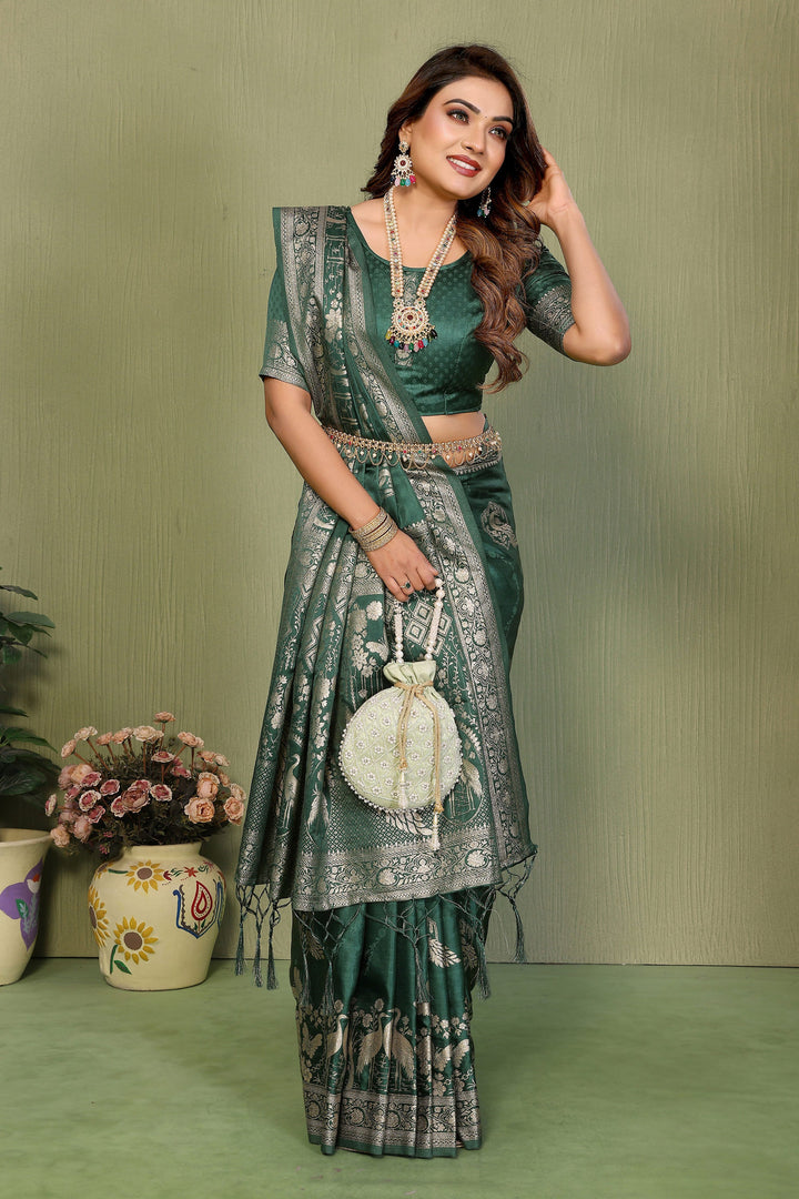 Green Color Gorgeous Satin Silk Saree With Weaving Work | Buy Online India